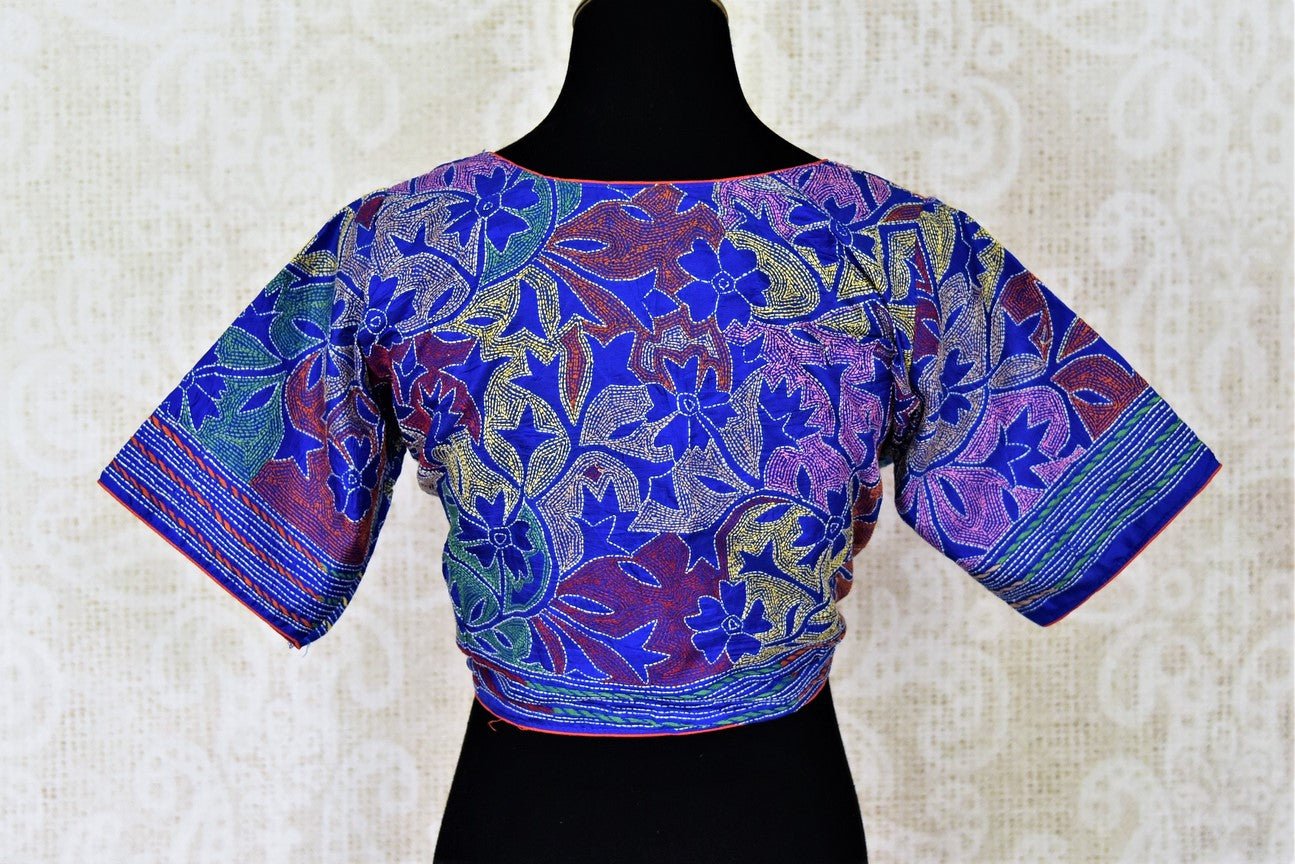 Buy stunning blue Kantha stitch silk saree blouse online in USA. Shop gold plated jewelry, silver jewelry,  silver earrings, bridal jewelry, fashion jewelry from Amrapali from Pure Elegance Indian clothing store in USA.-back