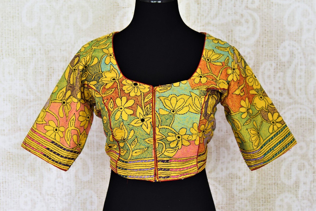 Shop beautiful yellow Kantha work silk saree blouse online in USA. Shop gold plated jewelry, silver jewelry,  silver earrings, bridal jewelry, fashion jewelry from Amrapali from Pure Elegance Indian clothing store in USA.-full view