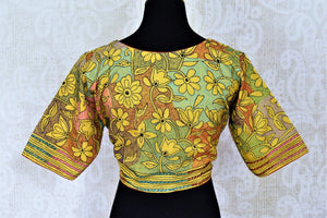 Shop beautiful yellow Kantha work silk saree blouse online in USA. Shop gold plated jewelry, silver jewelry,  silver earrings, bridal jewelry, fashion jewelry from Amrapali from Pure Elegance Indian clothing store in USA.-back
