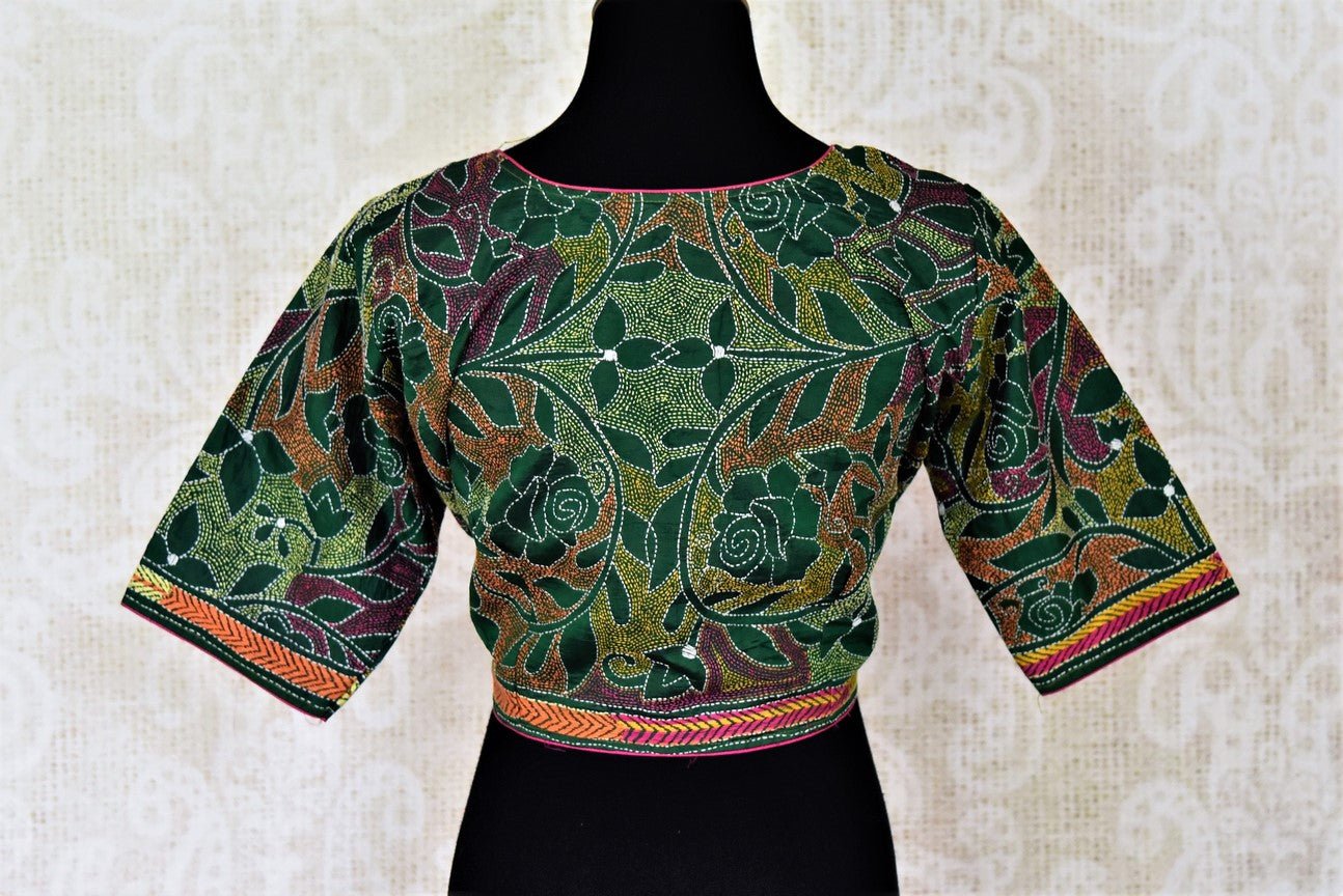Shop beautiful green Kantha work silk sari blouse online in USA. Shop gold plated jewelry, silver jewelry,  silver earrings, bridal jewelry, fashion jewelry from Amrapali from Pure Elegance Indian clothing store in USA.-back