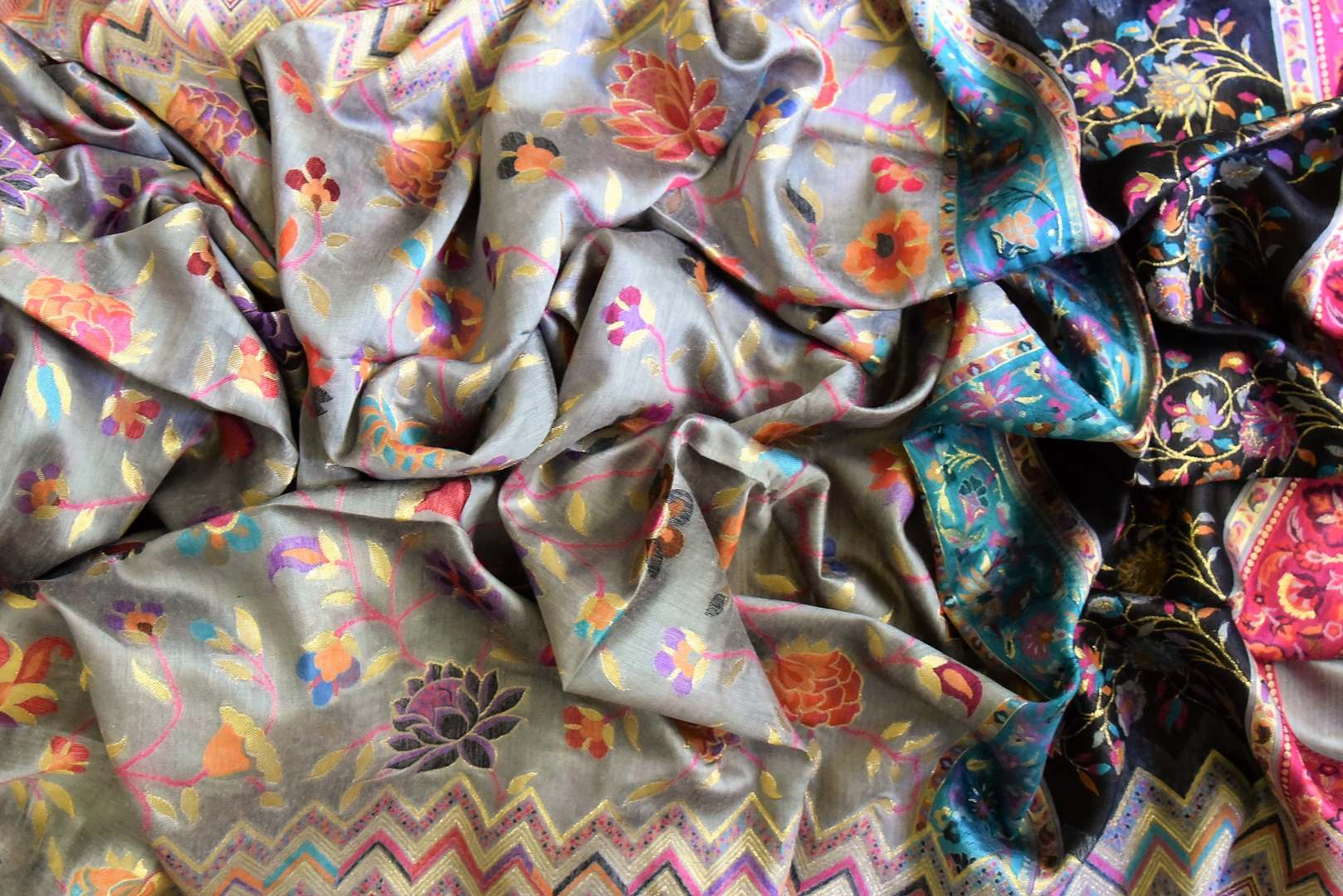 Shop beautiful grey floral Kani weave dupatta online in USA. Shop beautiful Banarasi dupattas, printed dupatta, embroidered dupatta, phulkari dupatta from Amrapali from Pure Elegance Indian clothing store in USA-front