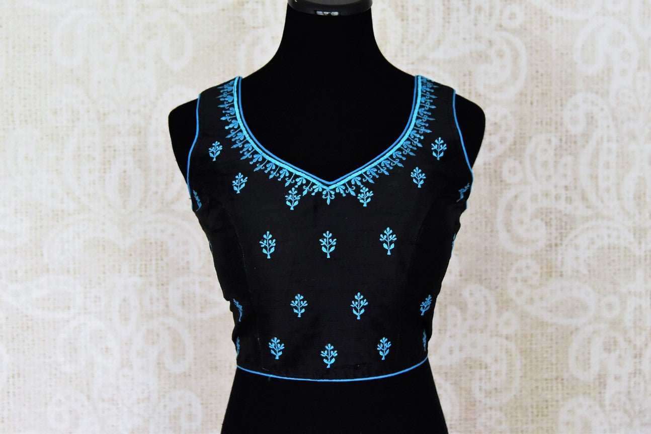 Shop beautiful black silk sleeveless sari blouse online in USA with blue embroidery. Shop gold plated jewelry, silver jewelry,  silver earrings, bridal jewelry, fashion jewelry from Amrapali from Pure Elegance Indian clothing store in USA.-full view
