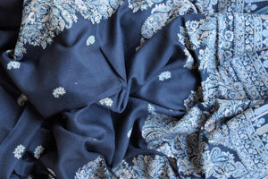 Shop stunning dark blue Kani dupatta online in USA. Add an elegant touch to your ethnic suits with Banarasi dupatta, leheriya dupatta, bandhej dupatta, silk dupattas, cotton dupattas from Pure Elegance Indian fashion store in USA.-full view