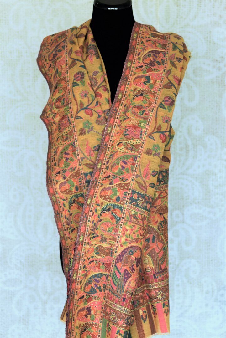 Shop stunning yellow Kani dupatta online in USA with multicolor border. Add an elegant touch to your ethnic suits with Banarasi dupatta, leheriya dupatta, bandhej dupatta, silk dupattas, cotton dupattas from Pure Elegance Indian fashion store in USA.-full view