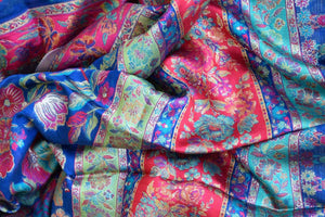 Shop stunning dark blue Kani dupatta online in USA with pink border. Add an elegant touch to your ethnic suits with Banarasi dupatta, leheriya dupatta, bandhej dupatta, silk dupattas, cotton dupattas from Pure Elegance Indian fashion store in USA.-closeup