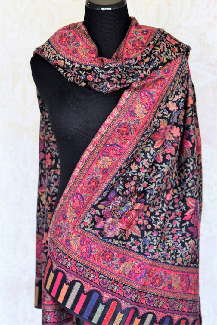 Shop stunning black multicolor Kani weave dupatta online in USA. Add an elegant touch to your ethnic suits with Banarasi dupatta, leheriya dupatta, bandhej dupatta, silk dupattas, cotton dupattas from Pure Elegance Indian fashion store in USA.-full view
