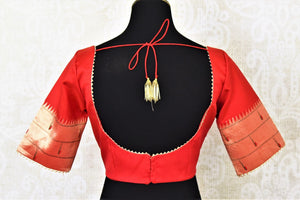 Shop beautiful red Paithani silk choli-cut saree blouse online in USA. Go for a perfect saree style with latest designer saree blouses, pure silk blouse, choli-cut saree blouses, readymade sarees blouse, padded saree blouses from Pure Elegance Indian saree store in USA.-back