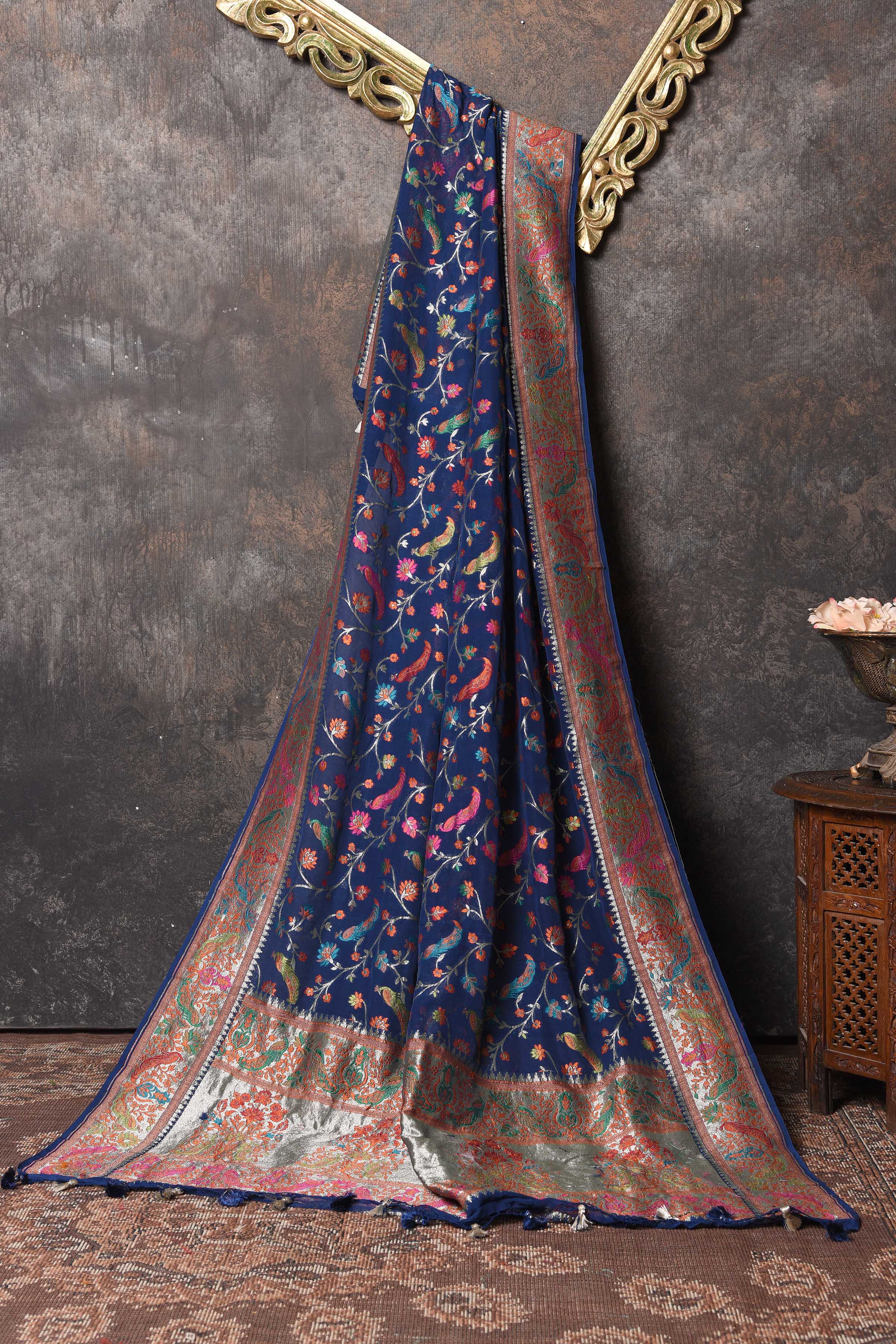 Shop stunning blue Paithani dupatta online in USA. Elevate your salwar suits and Anarkalis with beautiful ethnic dupatta, georgette dupatta, Banarasi dupatta, printed dupattas, embroidered dupatta from Pure Elegance Indian saree store in USA.-full view