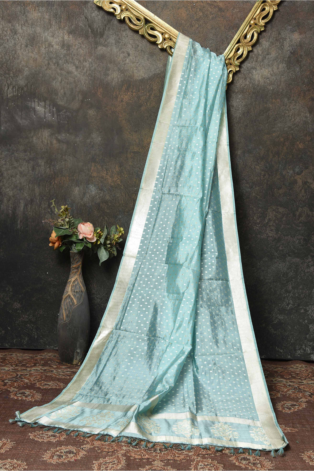 Shop stunning sky blue Banarasi weave dupatta online in USA. Add a perfect festive touch to your Indian suits with exquisite Banarasi dupattas, phulkari dupattas, embroidered dupatta, bandhej dupatta, printed dupatta from Pure Elegance Indian saree store in USA.-full view