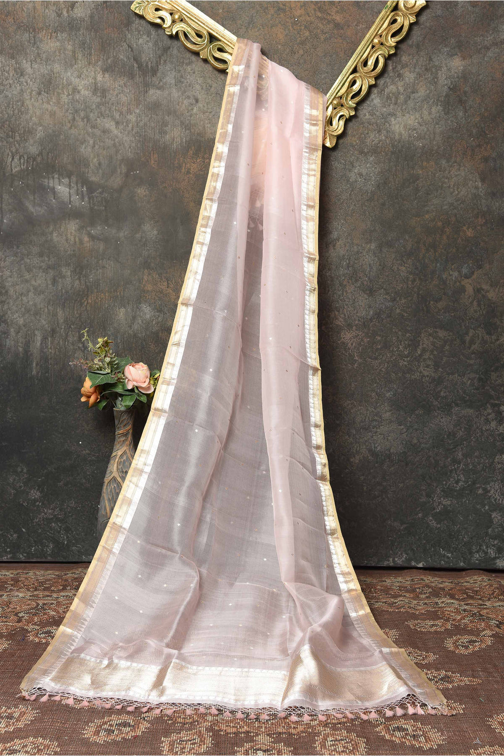 Buy elegant powder pink Banarasi weave dupatta online in USA. Add a perfect festive touch to your Indian suits with exquisite Banarasi dupattas, phulkari dupattas, embroidered dupatta, bandhej dupatta, printed dupatta from Pure Elegance Indian saree store in USA.-full view