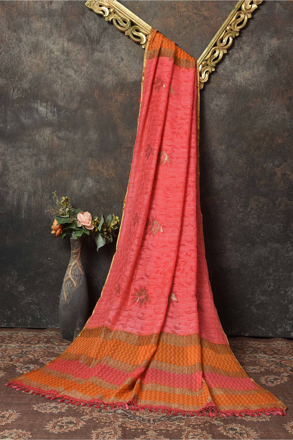 Shop pink Banarasi weave dupatta online in USA with orange pink border. Add a perfect festive touch to your Indian suits with exquisite Banarasi dupattas, phulkari dupattas, embroidered dupatta, bandhej dupatta, printed dupatta from Pure Elegance Indian saree store in USA.-full view