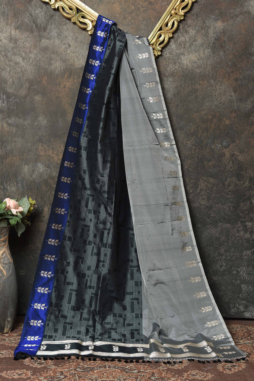 Buy beautiful grey and black Banarasi weave dupatta online in USA with blue border. Add a perfect festive touch to your Indian suits with exquisite Banarasi dupattas, phulkari dupattas, embroidered dupatta, bandhej dupatta, printed dupatta from Pure Elegance Indian saree store in USA.-full view