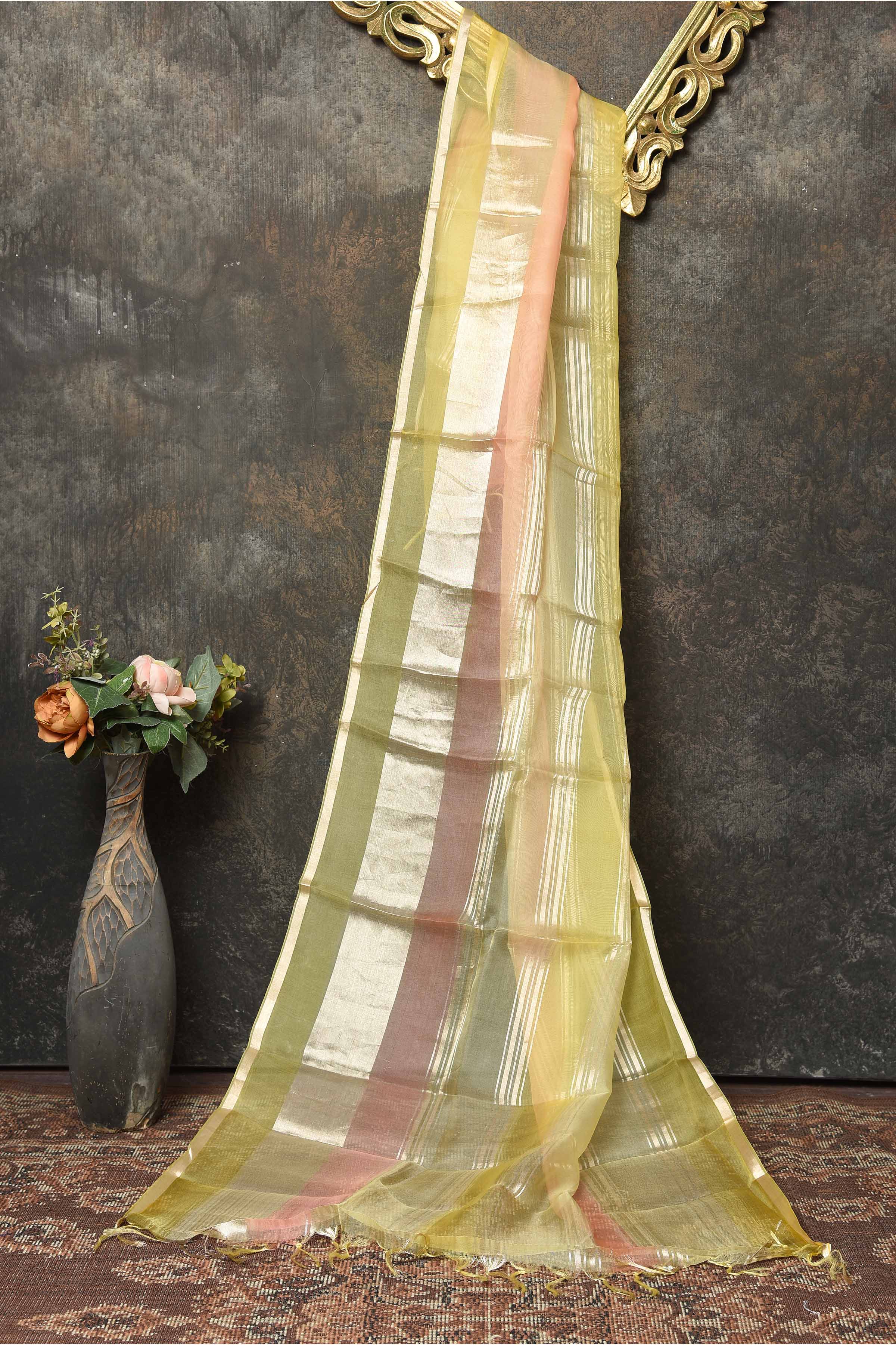 Shop beautiful light yellow and pink Banarasi weave dupatta online in USA Add a perfect festive touch to your Indian suits with exquisite Banarasi dupattas, phulkari dupattas, embroidered dupatta, bandhej dupatta, printed dupatta from Pure Elegance Indian saree store in USA.-full view