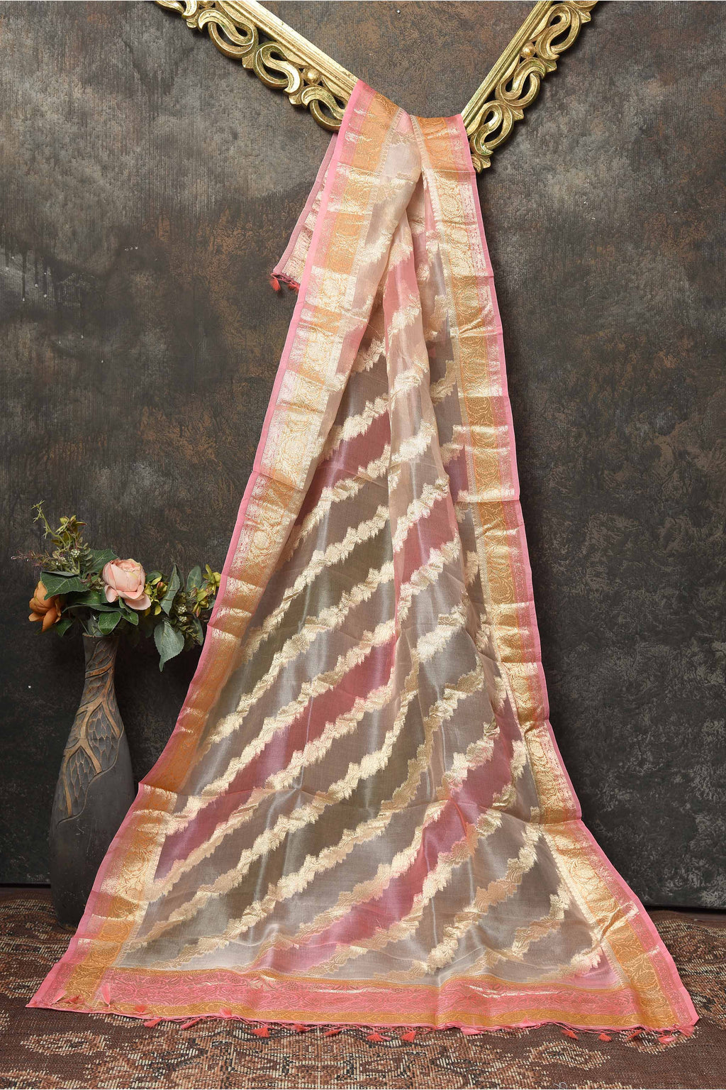Buy stunning light pink and grey Banarasi weave dupatta online in USA. Add a perfect festive touch to your Indian suits with exquisite Banarasi dupattas, phulkari dupattas, embroidered dupatta, bandhej dupatta, printed dupatta from Pure Elegance Indian saree store in USA.-full view