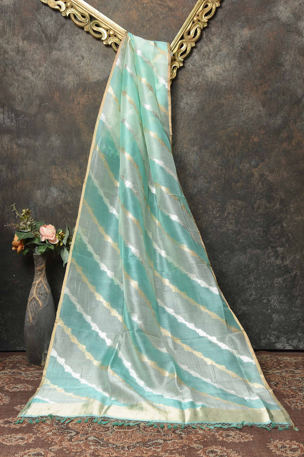 Buy stunning shaded green Banarasi weave dupatta online in USA. Add a perfect festive touch to your Indian suits with exquisite Banarasi dupattas, phulkari dupattas, embroidered dupatta, bandhej dupatta, printed dupatta from Pure Elegance Indian saree store in USA.-full view