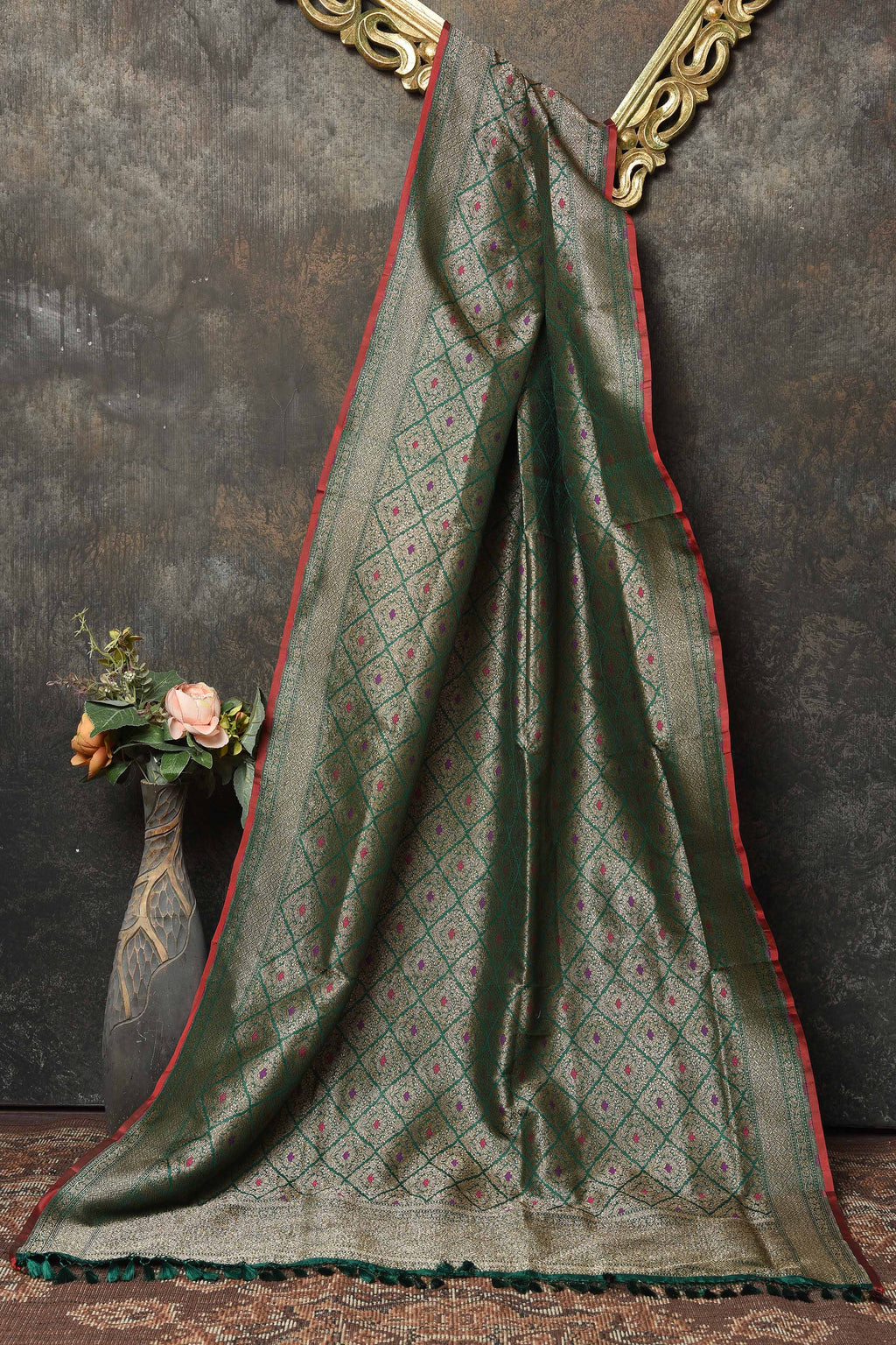 Shop stunning green Banarasi dupatta online in USA with minakari. Add a perfect festive touch to your Indian suits with exquisite Banarasi dupattas, phulkari dupattas, embroidered dupatta, bandhej dupatta, printed dupatta from Pure Elegance Indian saree store in USA.-full view