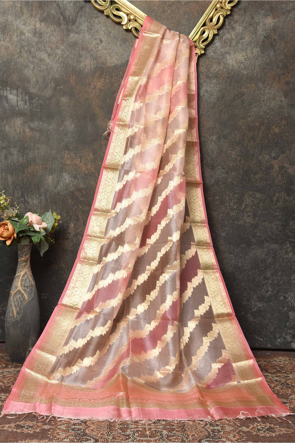 Buy beautiful shaded light pink Benarasi weave dupatta online in USA. Add a perfect festive touch to your Indian suits with exquisite Banarasi dupattas, phulkari dupattas, embroidered dupatta, bandhej dupatta, printed dupatta from Pure Elegance Indian saree store in USA.-full view