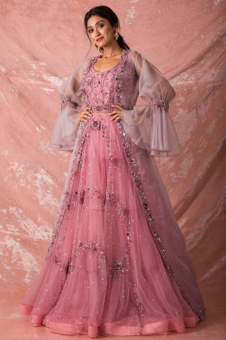  Pink Embroidered Satan Gown Online in USA-full view