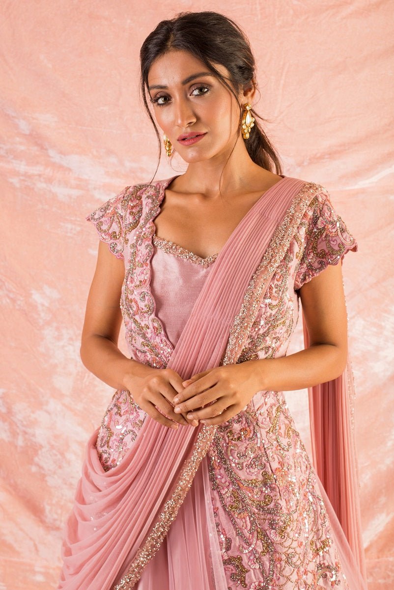 Pink Embroidered Silk Gown Online in USA-close up