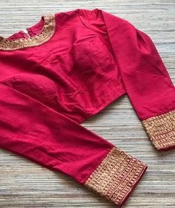 Buy red embroidered silk designer sari blouse with full sleeves online from Pure Elegance. Visit our website or store in USA for more such exquisite designer sari blouses.-Front