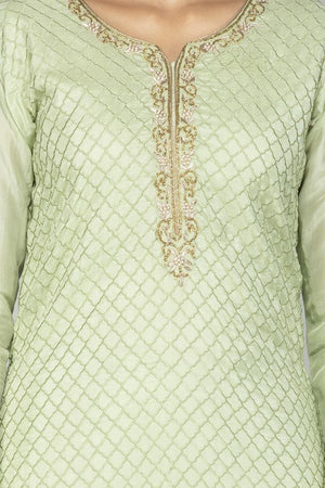 Buy elegant mint green embroidered suit with palazzo online in USA with matching dupatta. Flaunt ethnic fashion on weddings and festive occasions with latest designer lehengas, Indian dresses, traditional Anarkali suits from Pure Elegance Indian clothing store in USA.-neckline