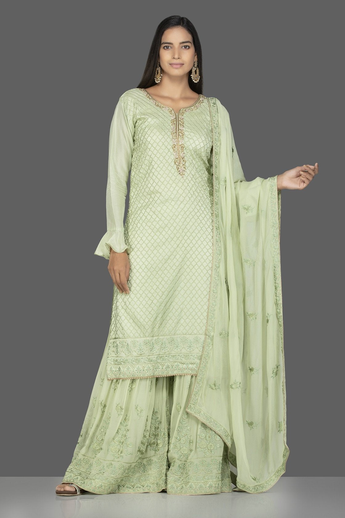 Buy elegant mint green embroidered suit with palazzo online in USA with matching dupatta. Flaunt ethnic fashion on weddings and festive occasions with latest designer lehengas, Indian dresses, traditional Anarkali suits from Pure Elegance Indian clothing store in USA.-full view