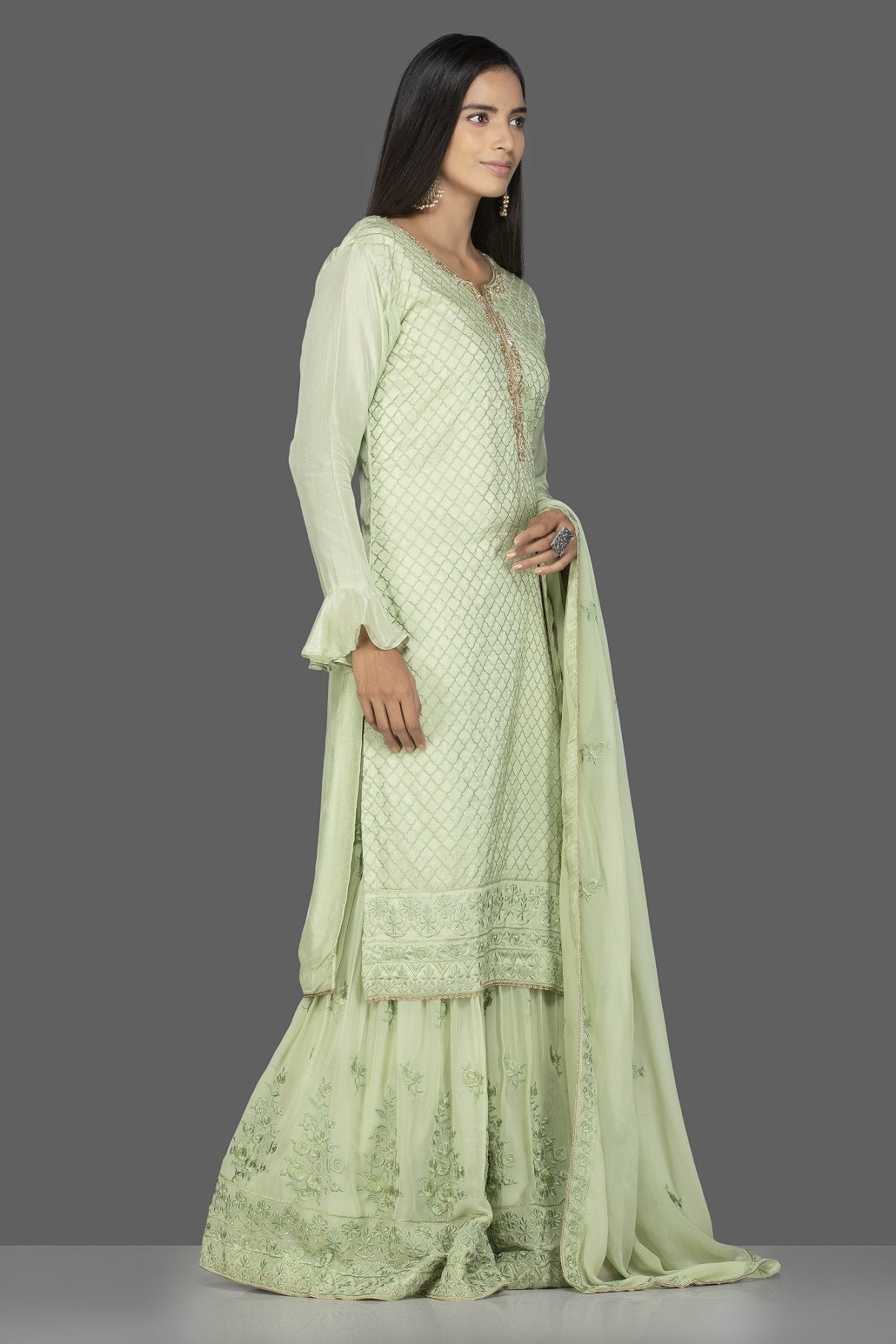 Buy elegant mint green embroidered suit with palazzo online in USA with matching dupatta. Flaunt ethnic fashion on weddings and festive occasions with latest designer lehengas, Indian dresses, traditional Anarkali suits from Pure Elegance Indian clothing store in USA.-side
