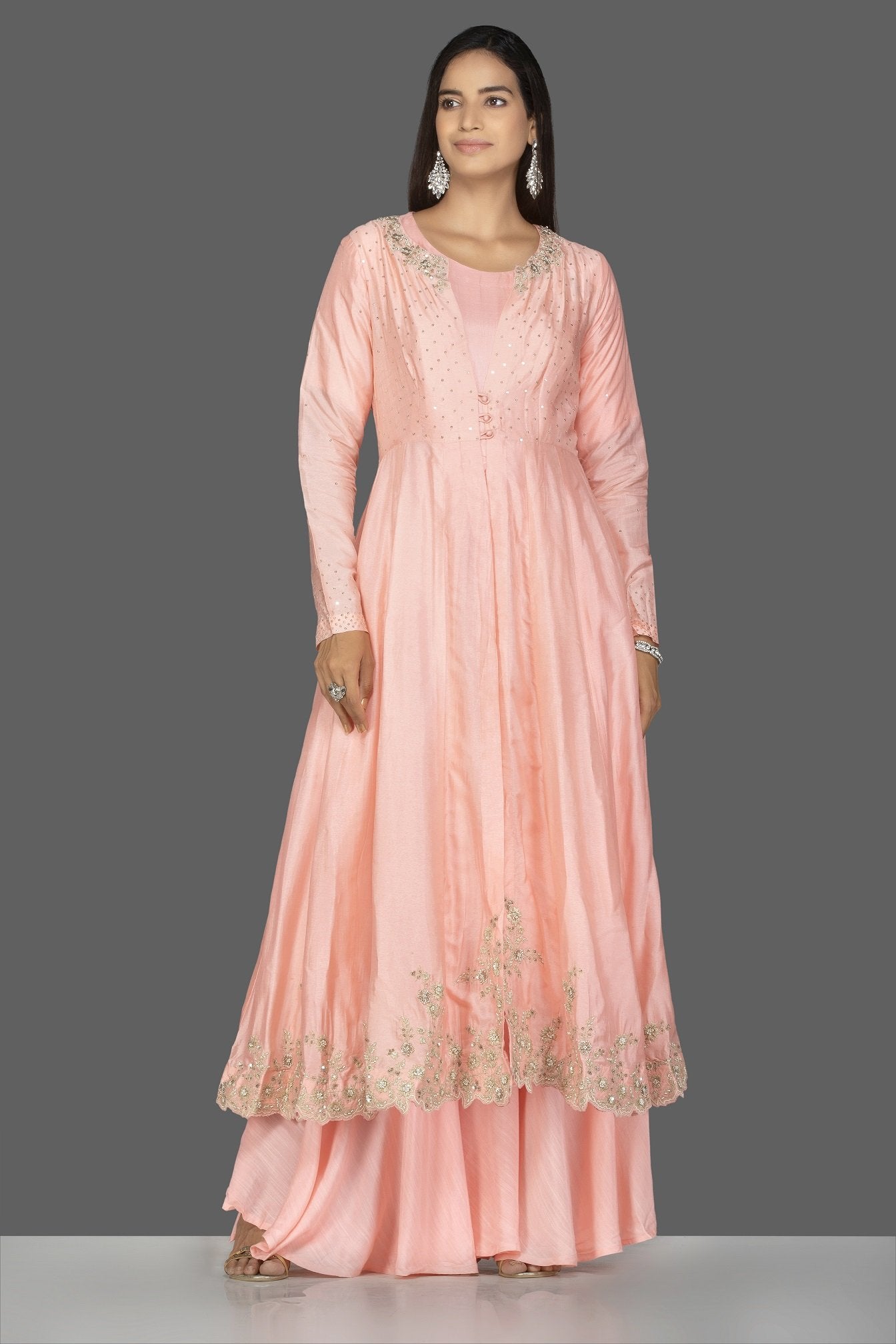 Buy gorgeous baby pink embroidered and layered kurta with palazzo online in USA. Flaunt ethnic fashion on weddings and festive occasions with latest designer lehengas, Indian dresses, traditional Anarkali suits from Pure Elegance Indian clothing store in USA.-front