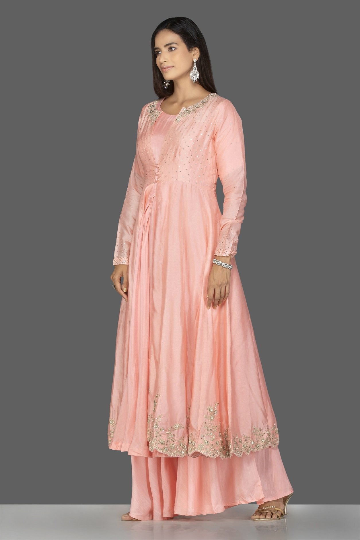 Buy gorgeous baby pink embroidered and layered kurta with palazzo online in USA. Flaunt ethnic fashion on weddings and festive occasions with latest designer lehengas, Indian dresses, traditional Anarkali suits from Pure Elegance Indian clothing store in USA.-side