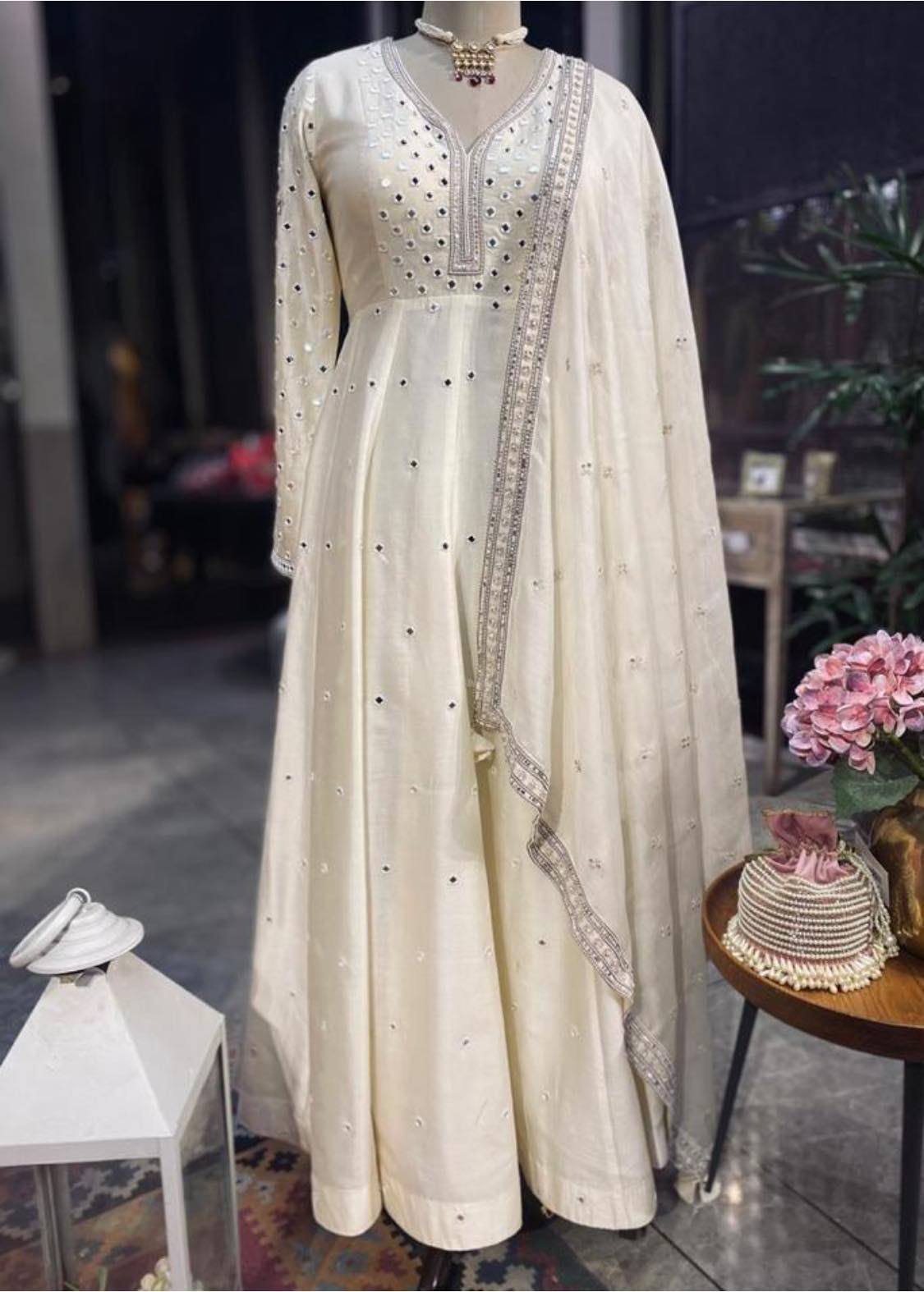 50Z286E-RO Off-White Embroidered Silk Suit with Matching Dupatta