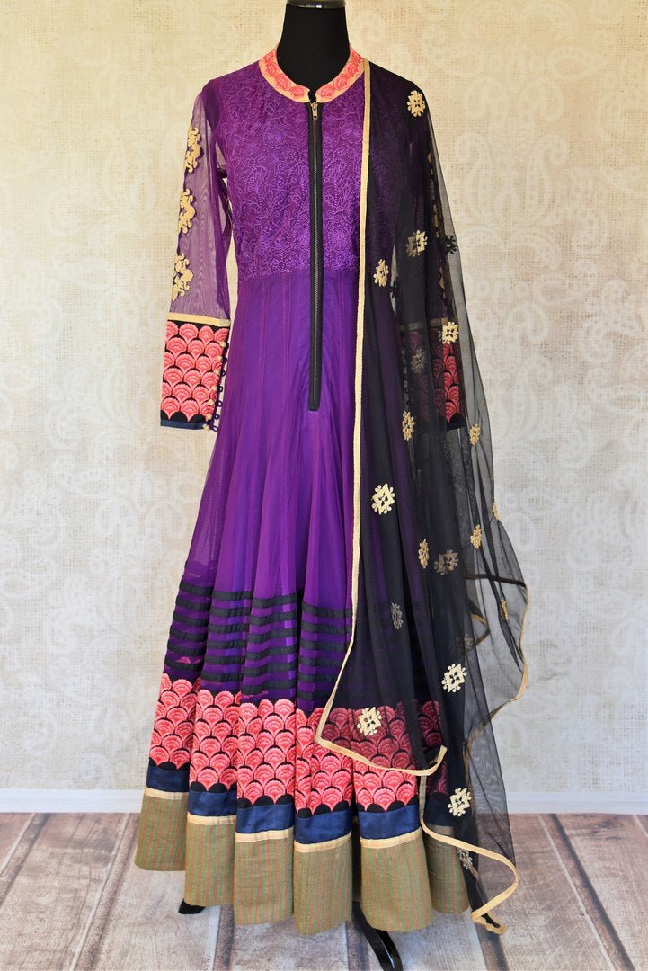 Buy purple embroidered Anarkali suit with churidaar online in USA and dupatta from Pure Elegance. Choose from a range of exclusive Indian designer suits, wedding dresses, Anarkali suits in beautiful styles and designs from our Indian fashion store in USA and flaunt your tasteful sartorial choices on special occasions.-full view