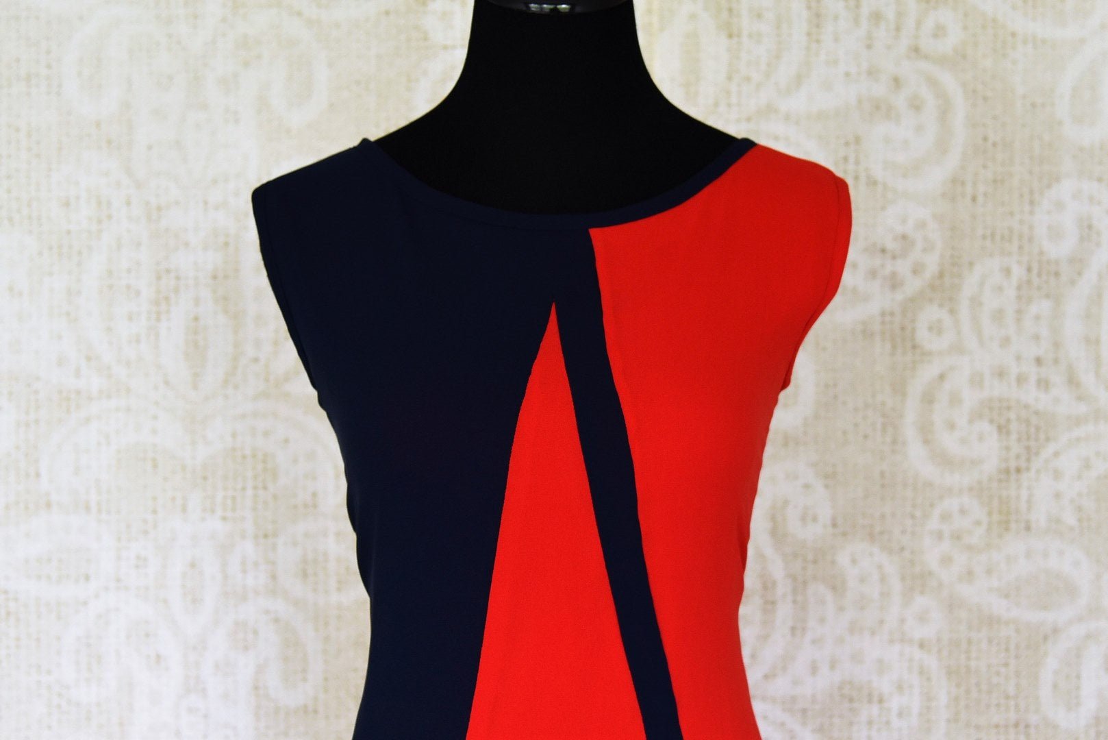 Buy red and navy blue sleeveless georgette maxi dress online in USA. Shop the latest Indian women clothing and designer dresses for weddings and special occasions from Pure Elegance Indian clothing store in USA.-front