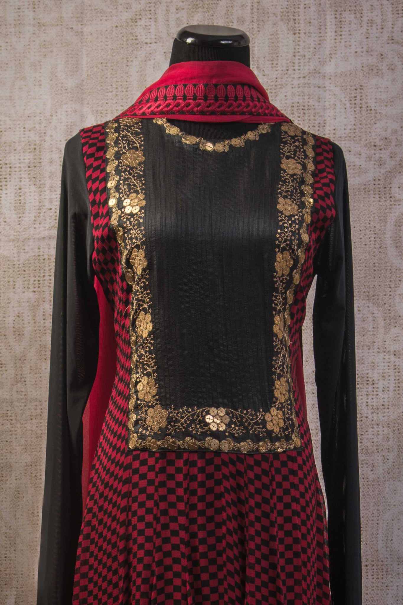 500942-suit-long-sleeve-red-black-geometric-pattern-with-gold-embroidery-and-scarf-top-view