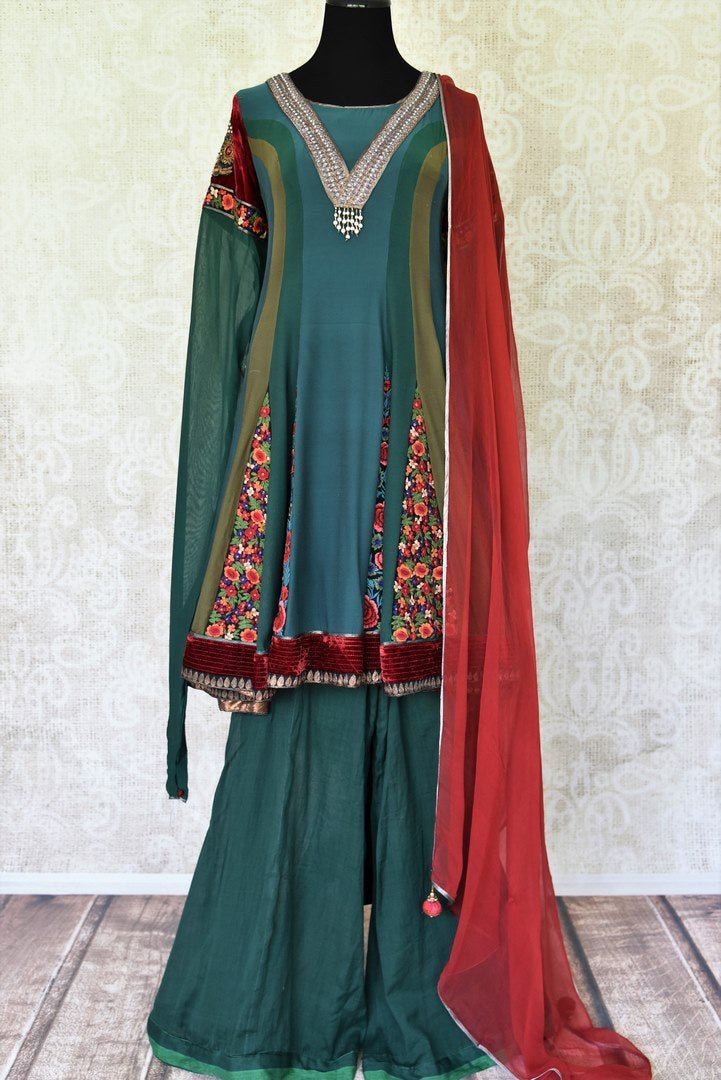 Buy green hand embroidery georgette sharara suit online in USA with dupatta from Pure Elegance Indian fashion store in USA. Make a stylish fashion statement this summer with a range of exquisite Indian dresses available online and at our clothing store in USA. Shop now.-full view