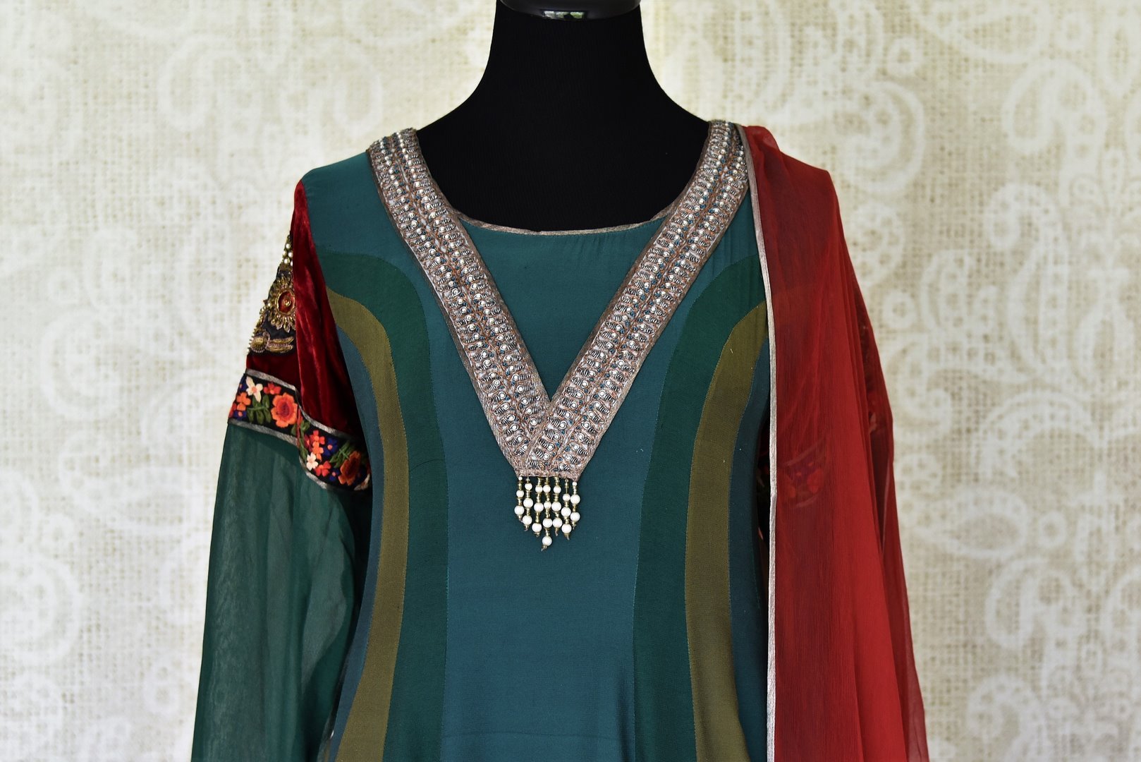 Buy green hand embroidery georgette sharara suit online in USA with dupatta from Pure Elegance Indian fashion store in USA. Make a stylish fashion statement this summer with a range of exquisite Indian dresses available online and at our clothing store in USA. Shop now.-front