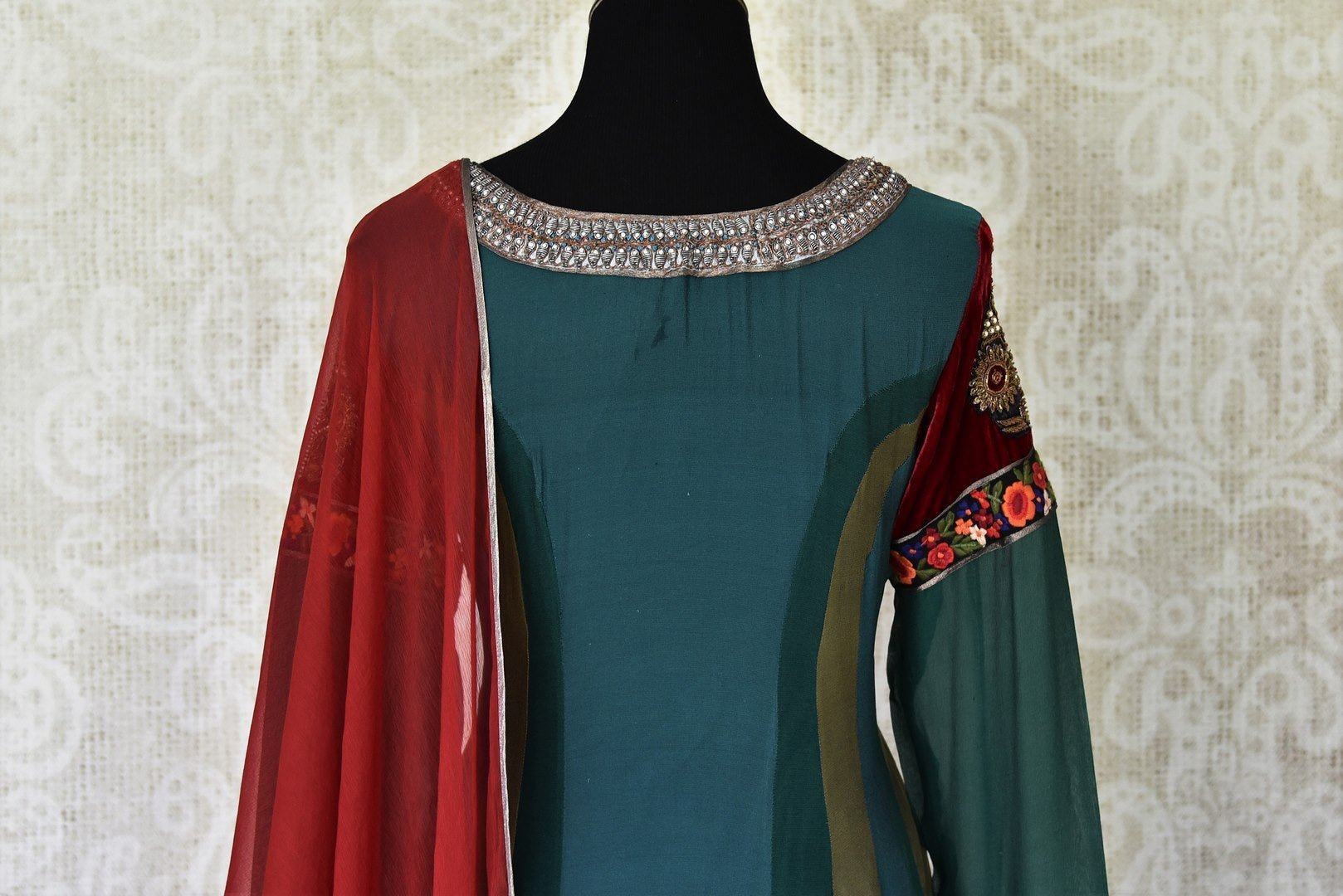 Buy green hand embroidery georgette sharara suit online in USA with dupatta from Pure Elegance Indian fashion store in USA. Make a stylish fashion statement this summer with a range of exquisite Indian dresses available online and at our clothing store in USA. Shop now.-back