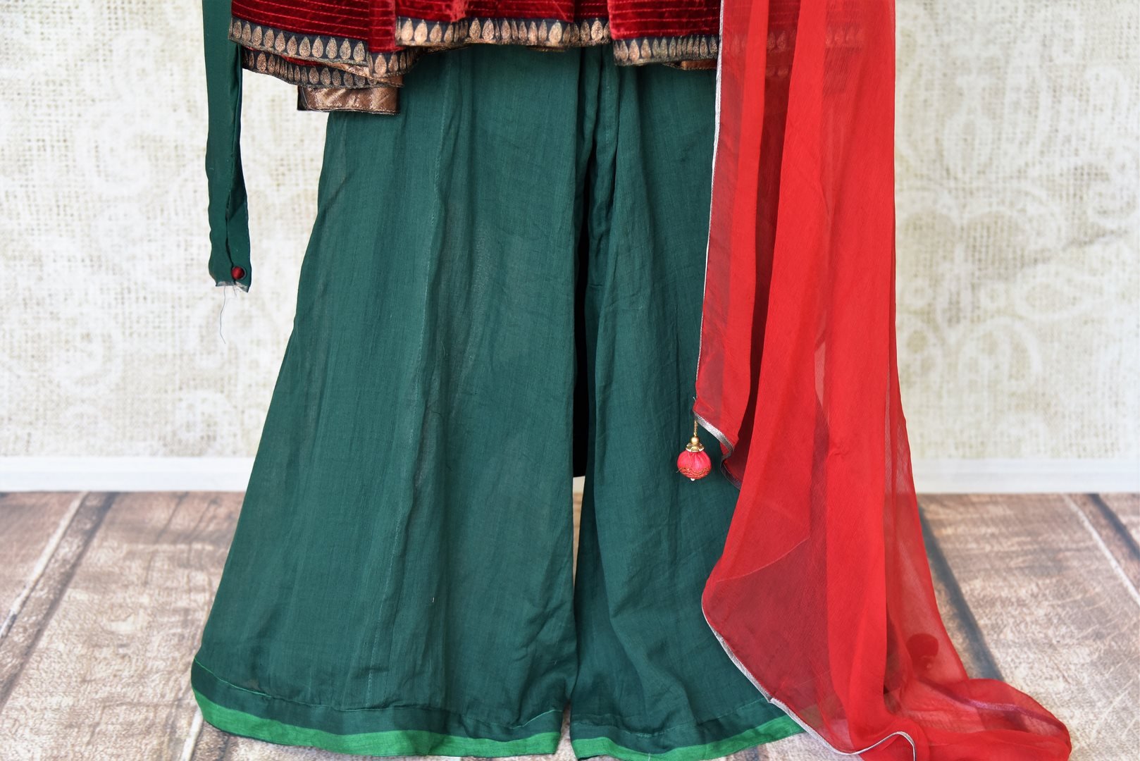 Buy green hand embroidery georgette sharara suit online in USA with dupatta from Pure Elegance Indian fashion store in USA. Make a stylish fashion statement this summer with a range of exquisite Indian dresses available online and at our clothing store in USA. Shop now.-bottom
