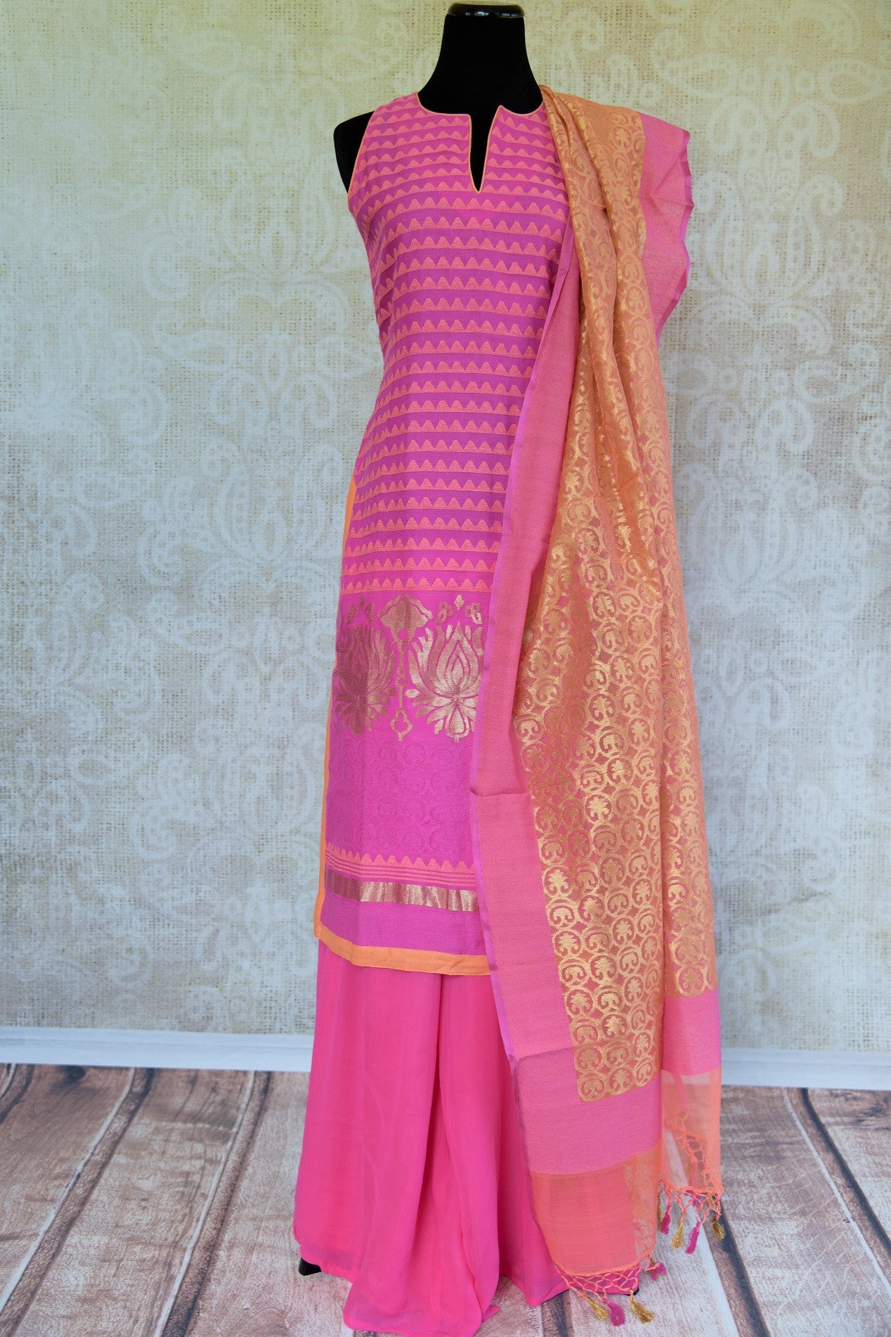 501011-suit-sleeveless-pink-geometric-pattern-golden-lotus-scarf-alternate-view