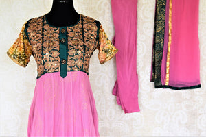 Shop beautiful pink Anarkali suit online in USA with embroidered bodice. Shop designer Indian suits, Anarkalis, palazzo suits, salwar suits from Pure Elegance Indian fashion store in USA.-front