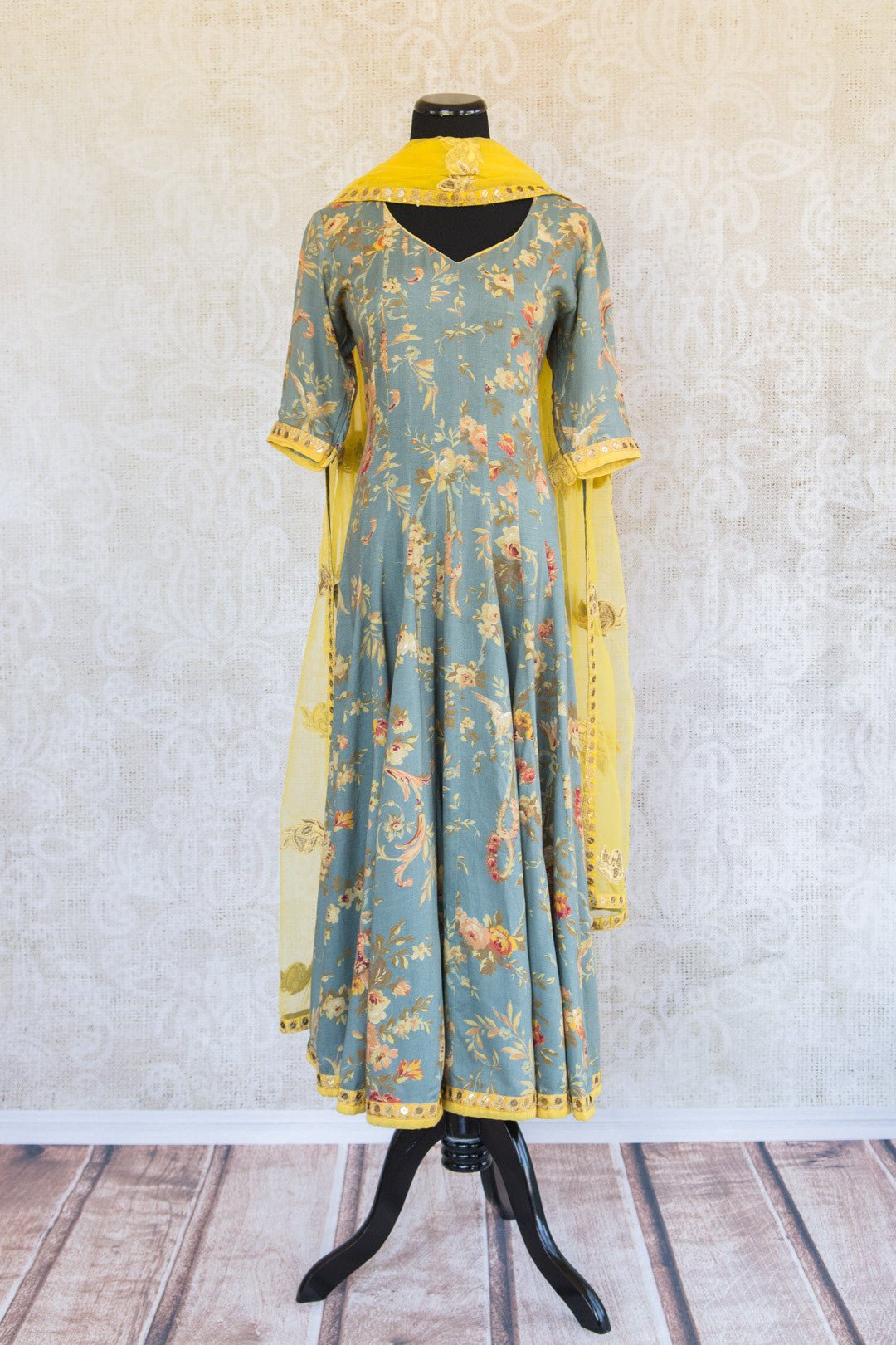 501067-suit-3/4-lenght-sleeve-light-blue-floral-print-gold-yellow-accent