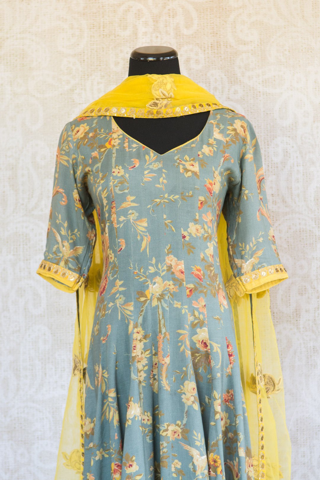 501067-suit-3/4-lenght-sleeve-light-blue-floral-print-gold-yellow-accent-alternate-view