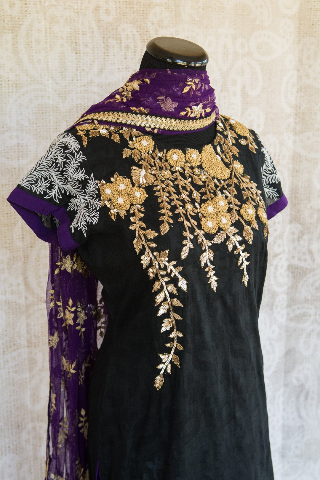 501076-suit-short-sleeve-black-purple-white-gold-silver-embroidery-scarf-alternate-top-view