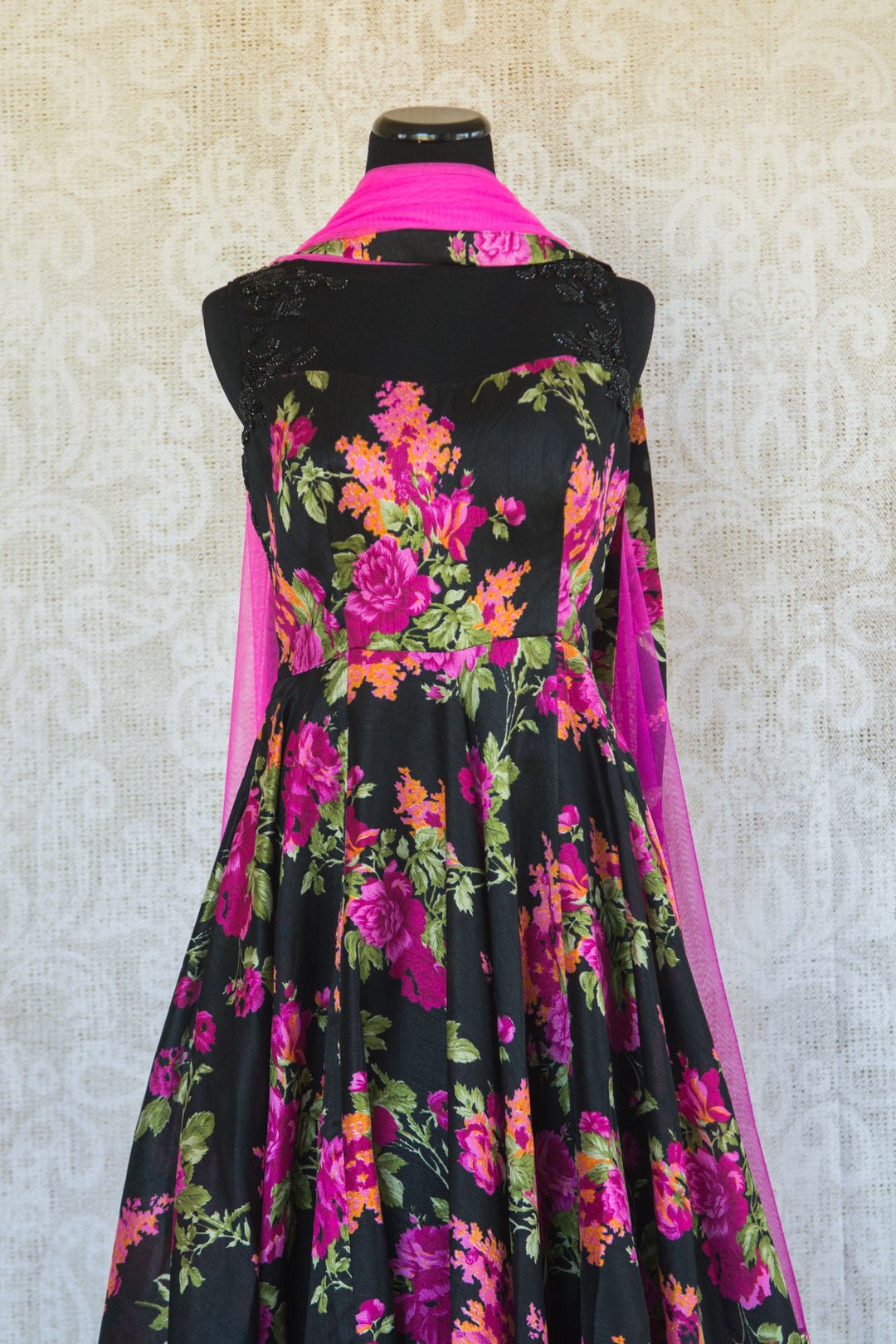 501092-magenta-coral-floral-print-black-suit-elegant-beadwork-soft-flowing-skirt-scarf-front