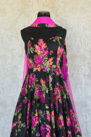 501092-magenta-coral-floral-print-black-suit-elegant-beadwork-soft-flowing-skirt-scarf-front