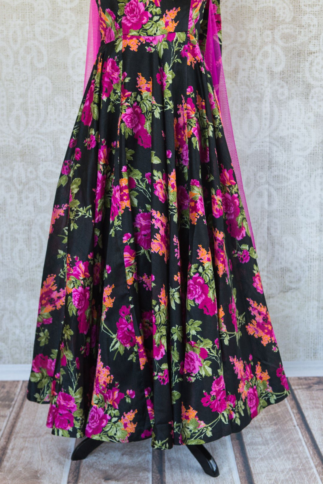 501092-magenta-coral-floral-print-black-suit-elegant-beadwork-soft-flowing-skirt-scarf-skirt-view