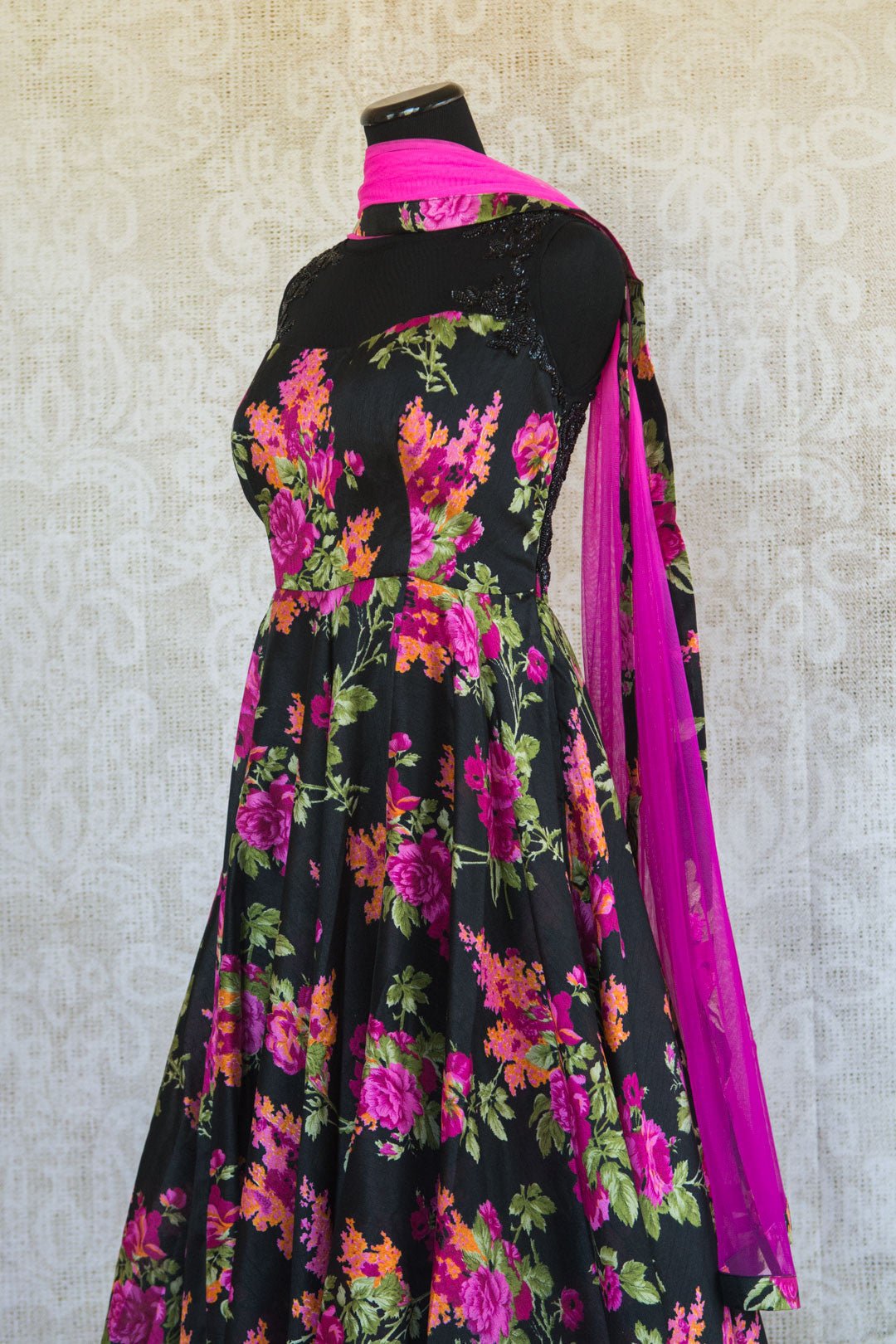 501092-magenta-coral-floral-print-black-suit-elegant-beadwork-soft-flowing-skirt-scarf-alternate-view-3