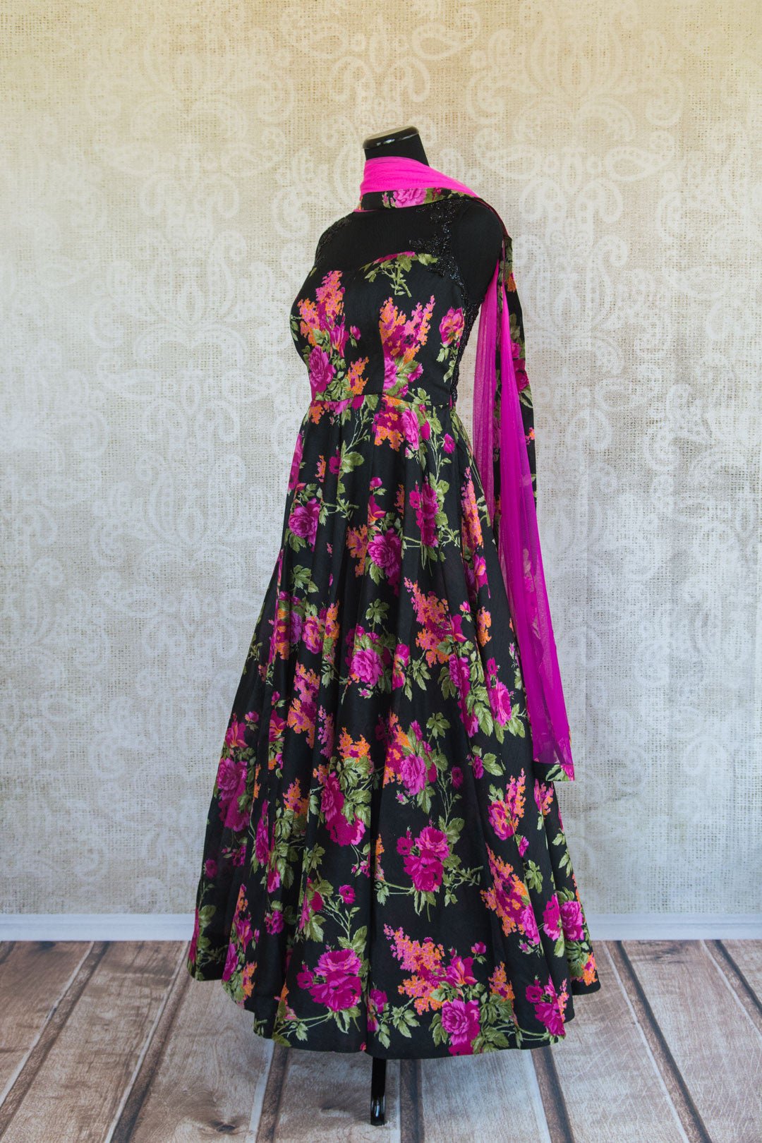 501092-magenta-coral-floral-print-black-suit-elegant-beadwork-soft-flowing-skirt-scarf-alternate-view-2