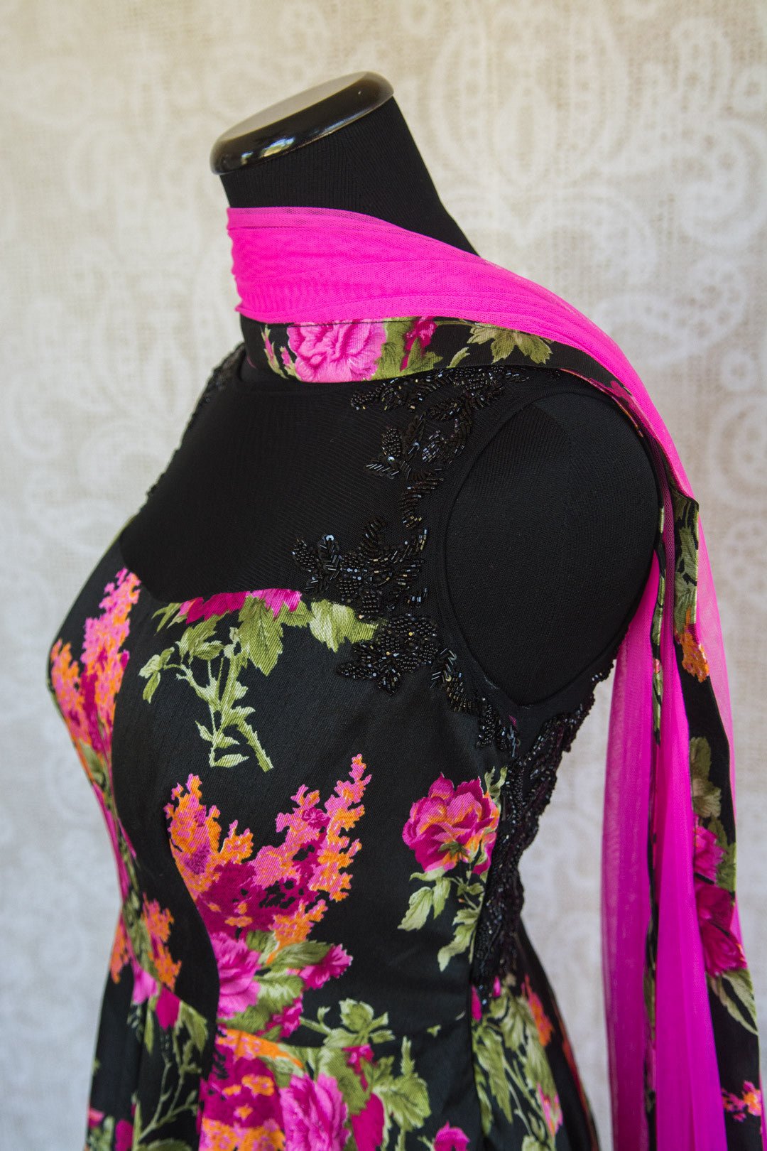 501092-magenta-coral-floral-print-black-suit-elegant-beadwork-soft-flowing-skirt-scarf-top-view