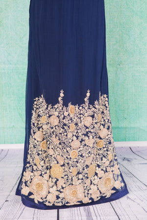 501097-suit-sleeveless-dark-blue-gold-embroidered-floral-trim-skirt-view