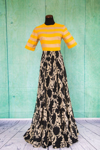 501098-suit-3/4-length-sleeve-yellow-gold-stripe-blouse-black-white-floral-print-skirt